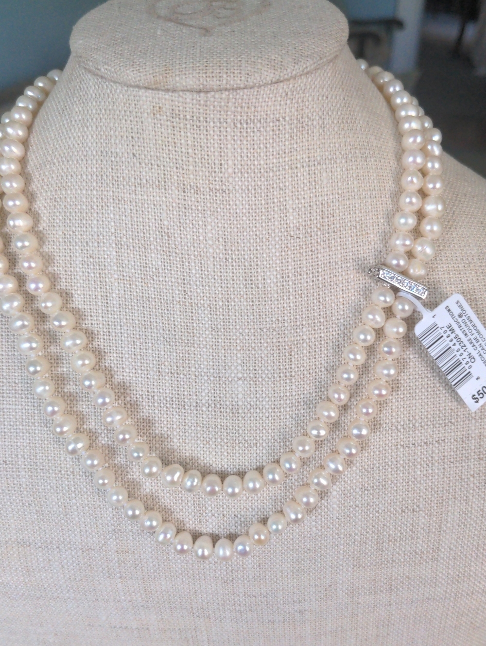 Macy's Creamy White Pearl Double Strand Necklace, Sparkling Sterling Clasp, NWT